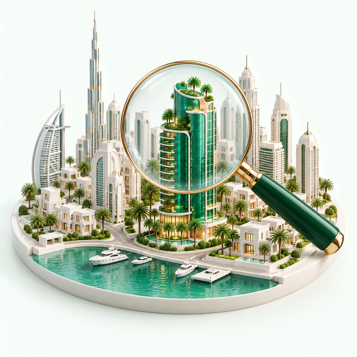 An emerald building standing out among white towers